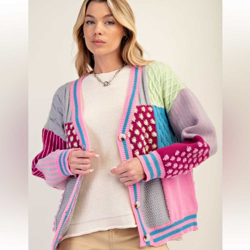 EUC Easel Oversized  Medium Multicolor Patchwork Cardigan Sweater
